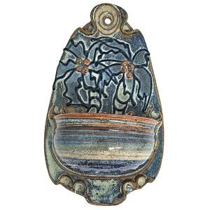 Handcrafted Studio Pottery Wall Art Planter with Blue and Brown Floral Accents